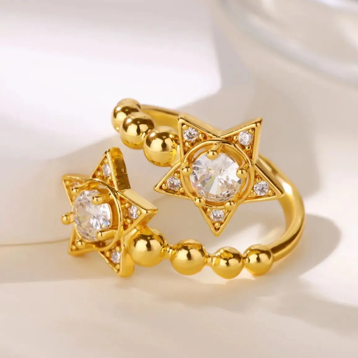 Zircon Double Star Rings for Women Gold Color Stainless Steel Crystal