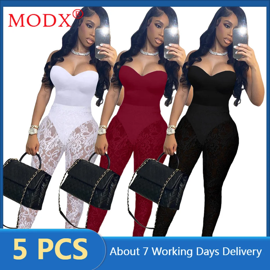 Bulk Items Wholesale Lots Pant Sets Women Summer 2022 Spaghetti Strap Bodysuit + Lace Legging Sexy Two Piece Set Outfits M9105 |
