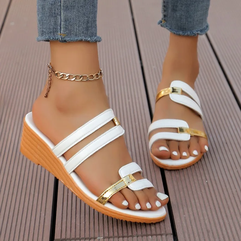 2024Ladies Summer Fashion Open Toe Narrow Strap Designer Womens Shoes Casual Leather Thick Sole Wedge Women's Sandals Large Size