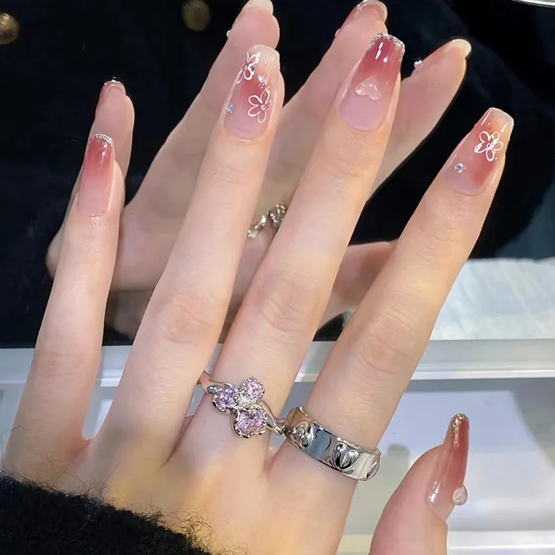 Uñas postizas acrílicas francesas, diseño de flores con diamantes de imitación, cubierta completa usable, 24 Uds._voghion.com