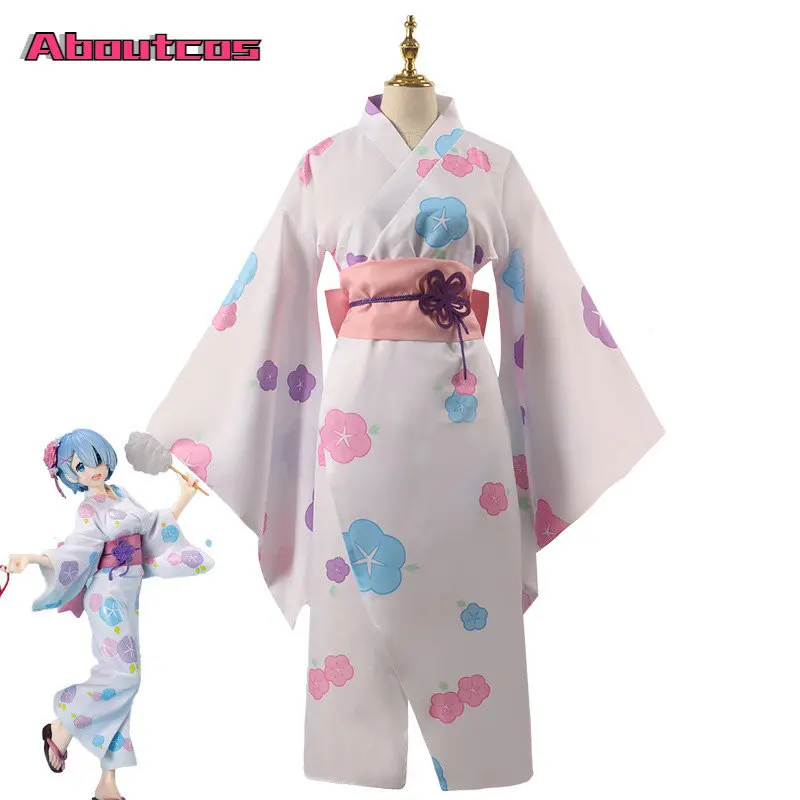 

Aboutcos Ram Rem Cosplay Anime Re:zero Kara Hajimeru Isekai Seikatsu Costume Japanese Woman Rem Kimono Dress Set