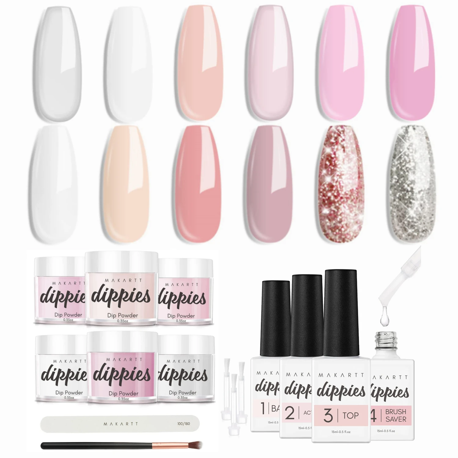 

Dip Powder Nail Kit Starter 6 Colors Light Pink Clear White Dipping Powder Essential Liquid Set with Base Top Coat Activator