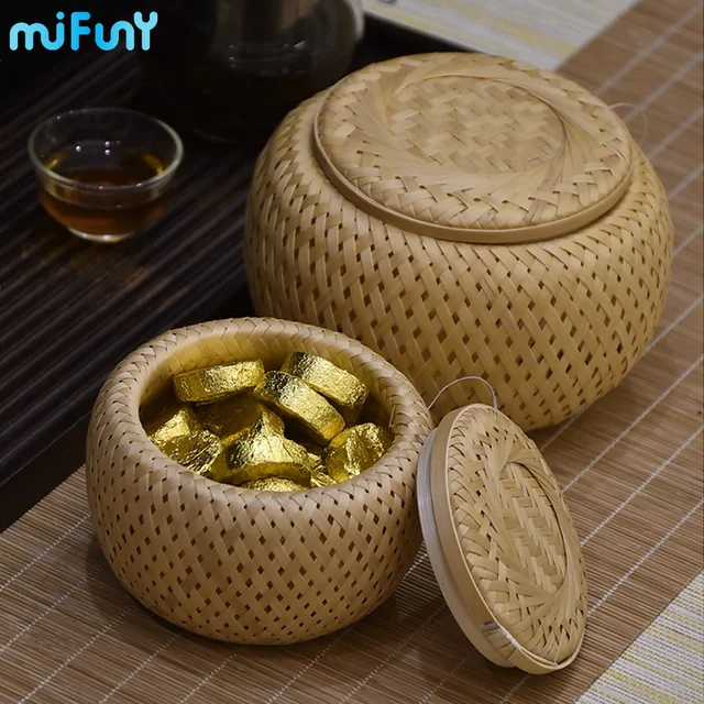 Tea Edények Kézzel Készített Tárolókosár Borítóval Bambusz Szövött Pu'Er Xiaotuo Snacks Cukorkák Tároló Asztali Doboz - Image 5