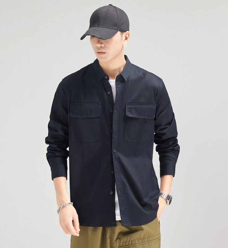 Khaki Cargo Shirt blue   Mens Spring Plus Size Xxxl Boys Vintage Long Sleeve Button Up Top Casual Cotton Shirts for Man in Navy