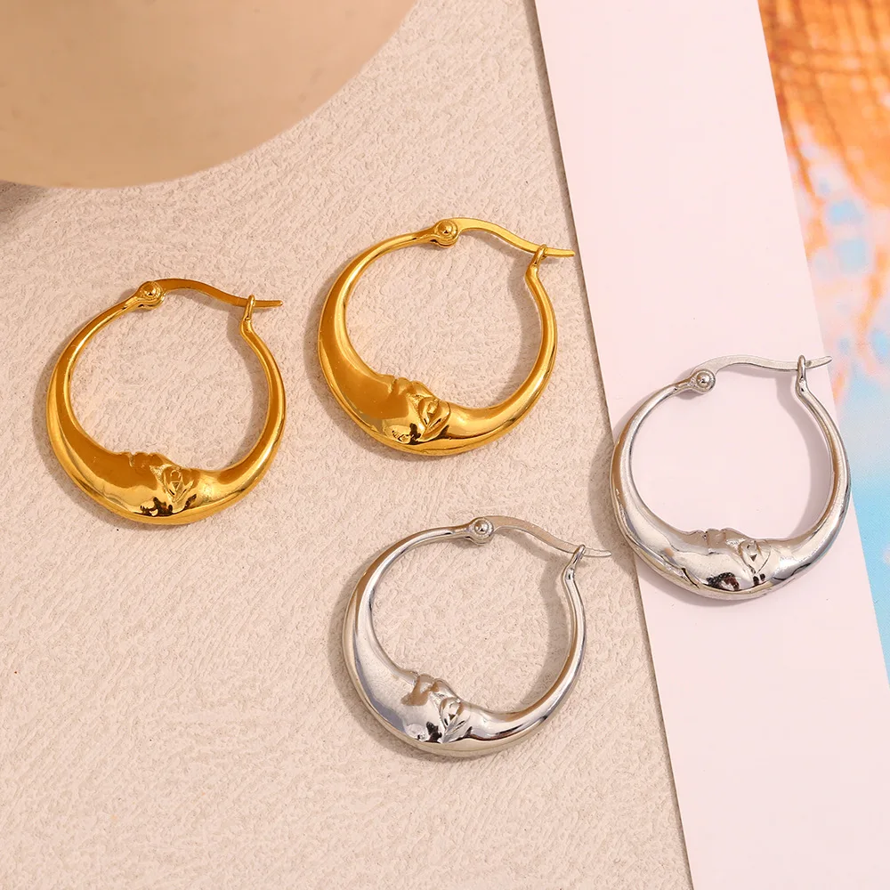 18K Gold Plated Abstract Moon Hoop Earrings for Women Stainless Steel Unique Waterproof Jewelry Charm Statement Earrings Gift