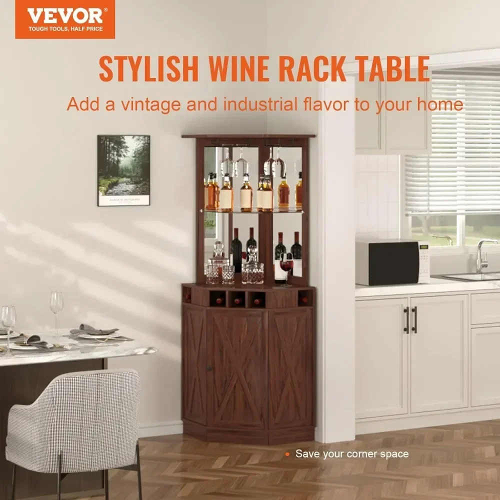Corner Industrial Bar Cabinet, Wine Table for Liquor & Glasses, Sideboard Buffet Cabinet with Glass Holder, Bar Cabinet