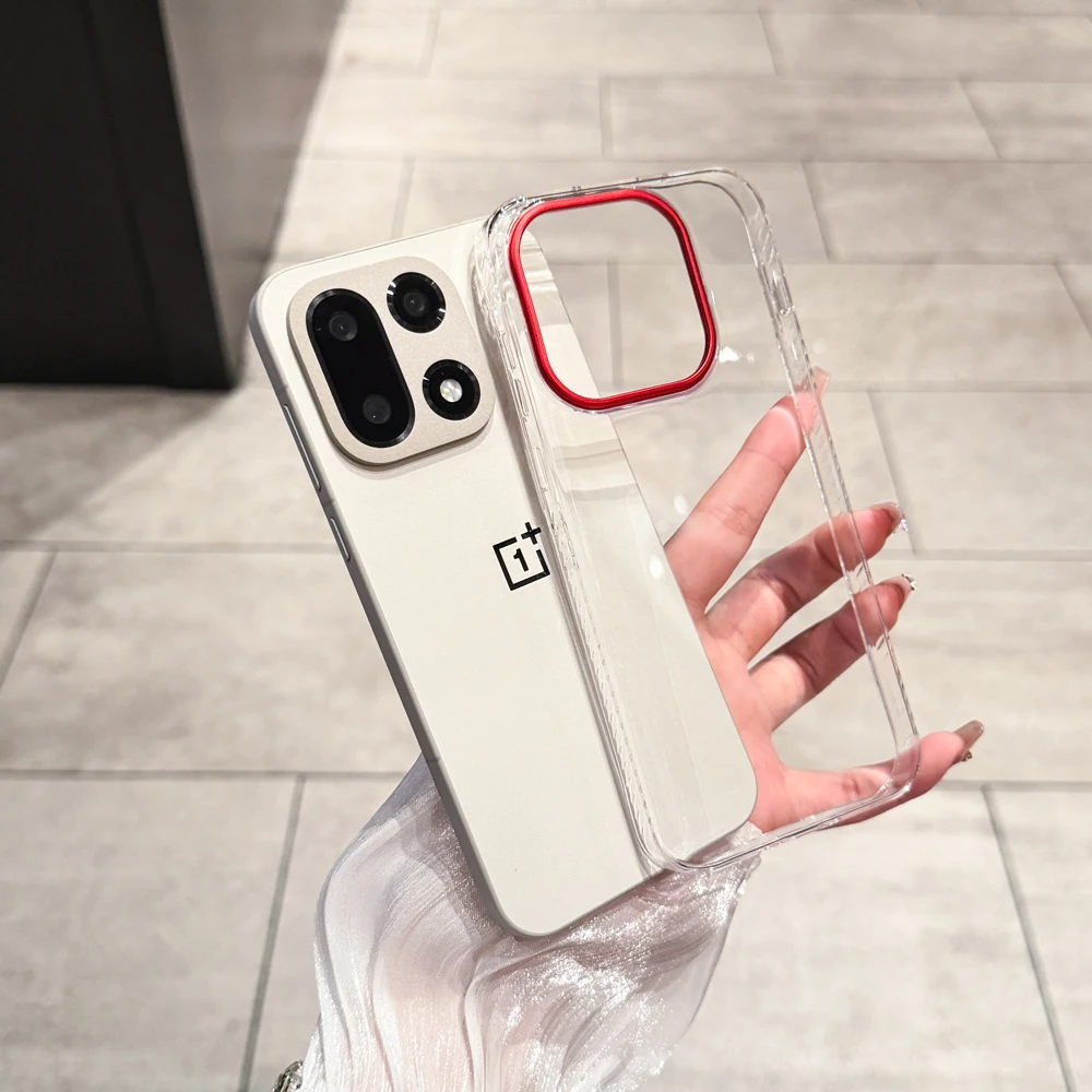 Premium Transparent Hard Back Case with Red Camera Lens Frame & Shockproof Bumper