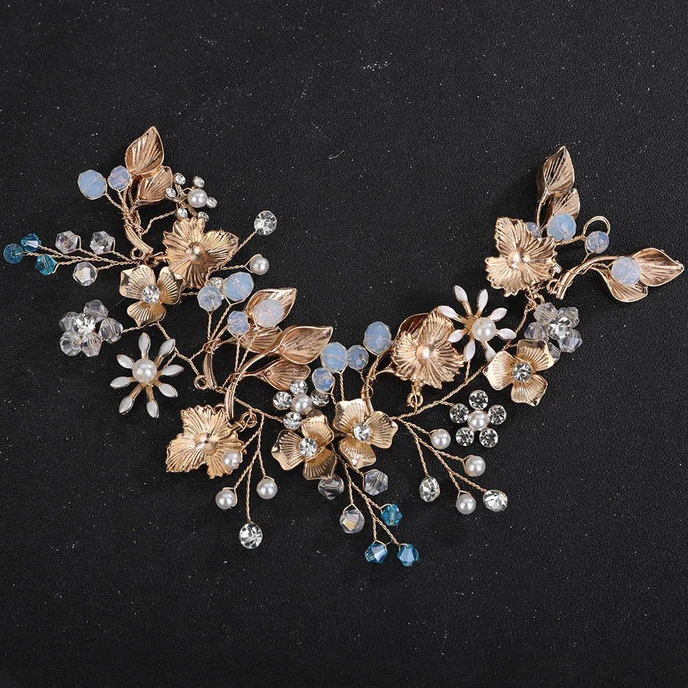 Women Leaf Headband Gold Crystal Rhinestone Flower Wedding Bridal Hair Accessories Bride Bridesmaid Pearl Jewelry Party Tiaras