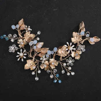 Women Leaf Headband Gold Crystal Rhinestone Flower Wedding Bridal Hair Accessories Bride Bridesmaid Pearl Jewelry Party Tiaras