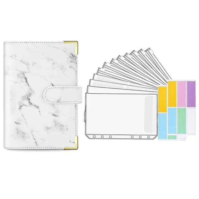 15 Pieces Binder Budget Planner Cash Envelope Binder with Budget Envelopes A6 Binder Pockets Cash Envelope Wallet for Budgeting White Marble-14pcs