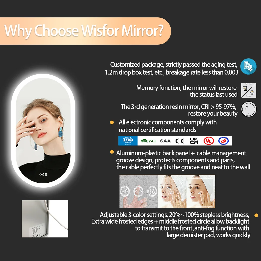 Oval LED Bathroom Mirror Smart Mirrors Dimmable 3 Colors Anti-Fog Light Memory IP65 CRI95 Large Wall Mounted Mirror 32 x 20 in 6