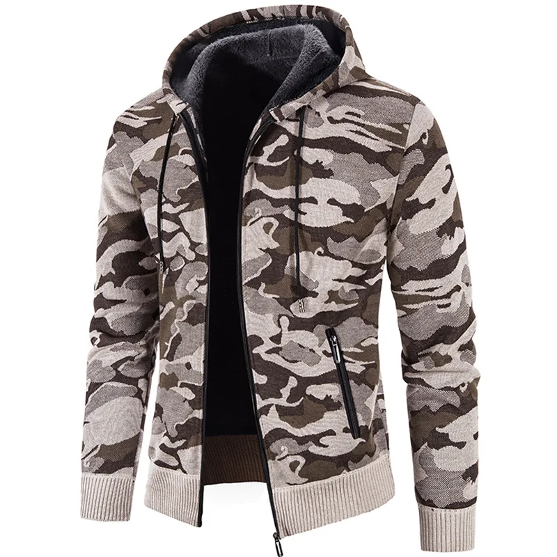 Knitted Jacket Men's Korean Autumn and Winter Plush and Thickened Outerwear Camouflage Trend Sweater Upper garment Men's Cardiga