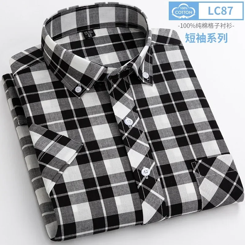 Summer Short Sleeve Shirts for Men Slim Fit Casual Plain Shirt Thin Plaid Hawaiian Soft Tops Popular Clothes 100%cotton 4
