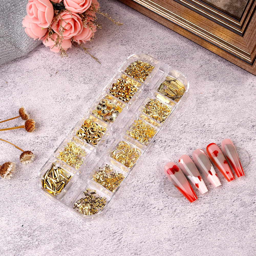 

12Grids/Box Mixed Styles Metal Rivet Nail Art decorations Gold/Silver 3D Alloy Nail Charms DIY Metal Frame Manicure Jewel &*