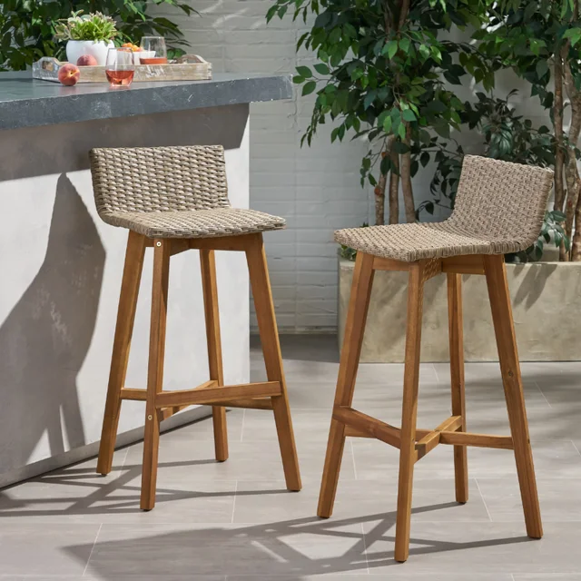 Bring the Trendy Atmosphere Home with Pico Brea Outdoor Acacia Wood ; Wicker Barstools