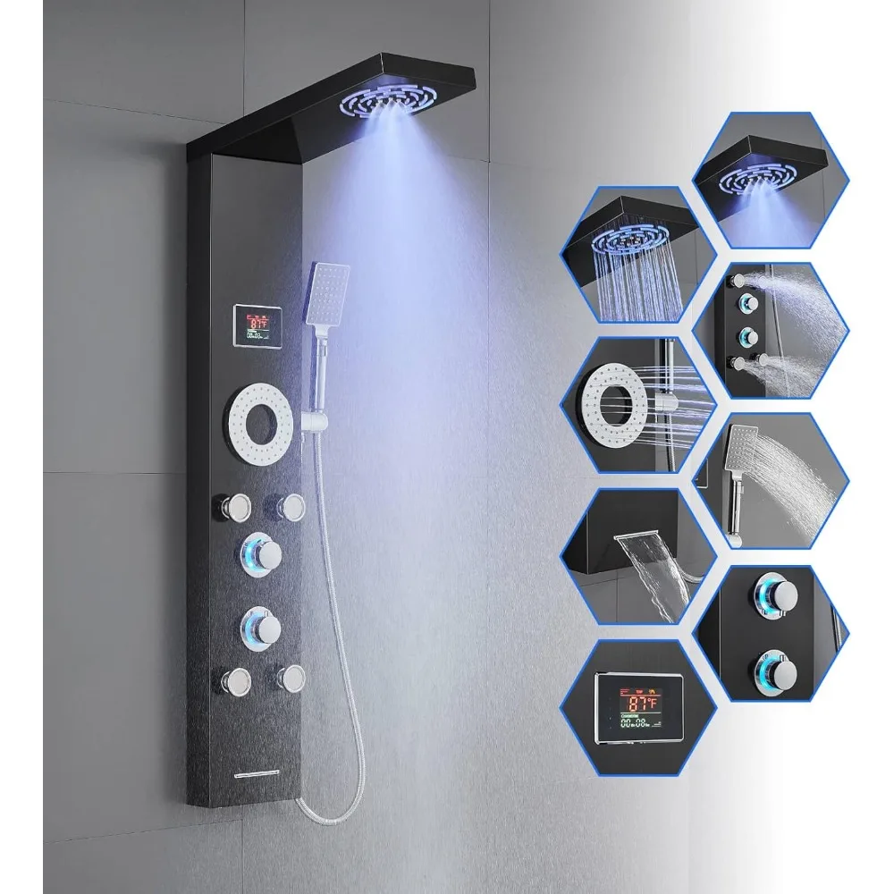 

ROVOGO No Battery Needed Shower Panel System with Led Lights, MIST & RAIN Shower, 5 Body Jets, Handheld, Tub Spout and Temperatu