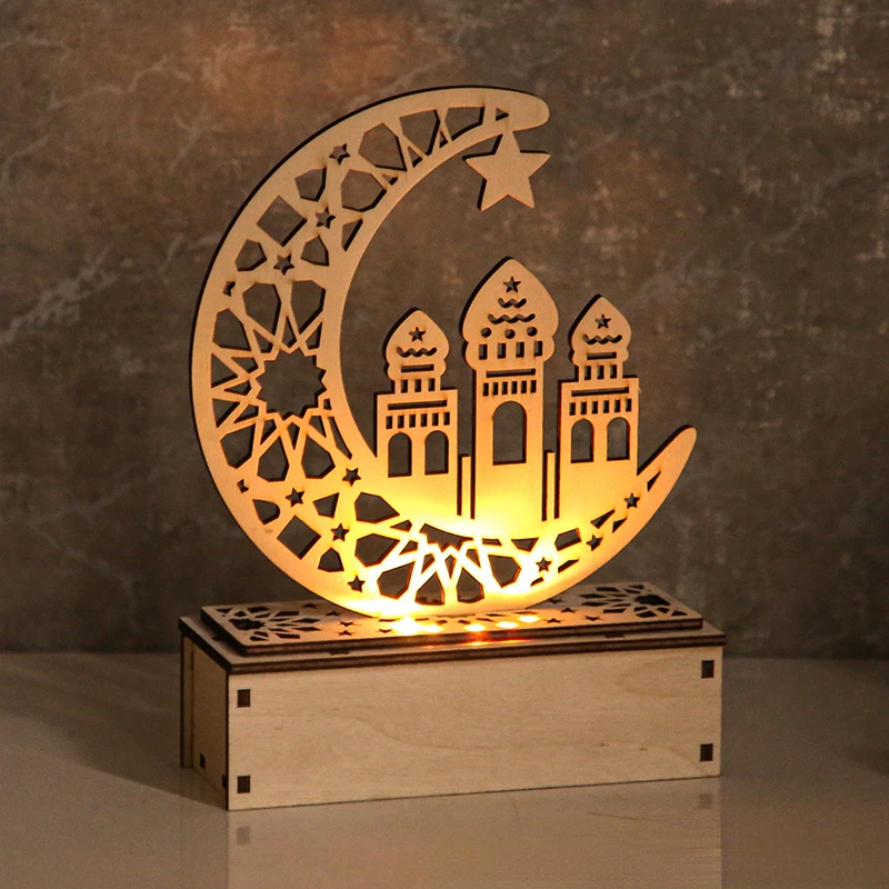 

Eid Mubarak Ramadan LED Islamic Wooden Light Decoration Moon Star Palace Muslim Wall Art Decor for Home Party Supplies Battery