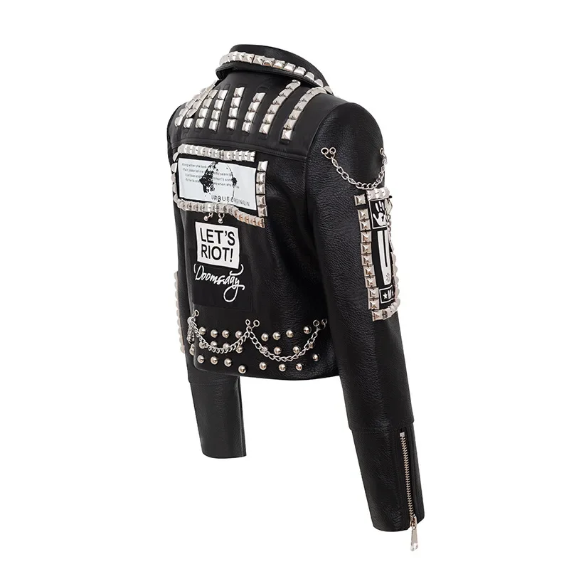 Punk Studded Black Leather Jacket for Women 2024 Trend Streetwear Graffiti Print Motorcycle  Faux Leather Cropped Jackets S-XXXL