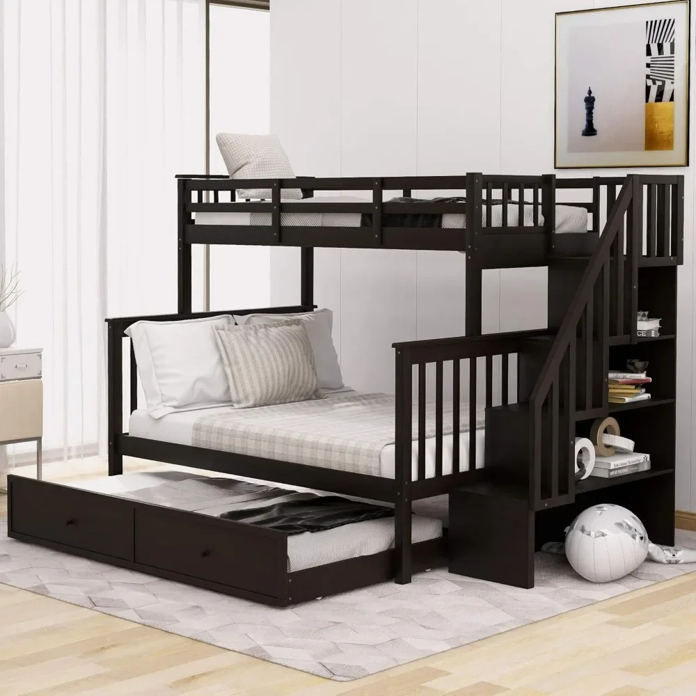 Twin Over Full Bunk Bed with Twin Size Trundle,Wooden Bunk Bed with Stairway,Storage and Guard Rail for Kids, Bunk Children Bed 2