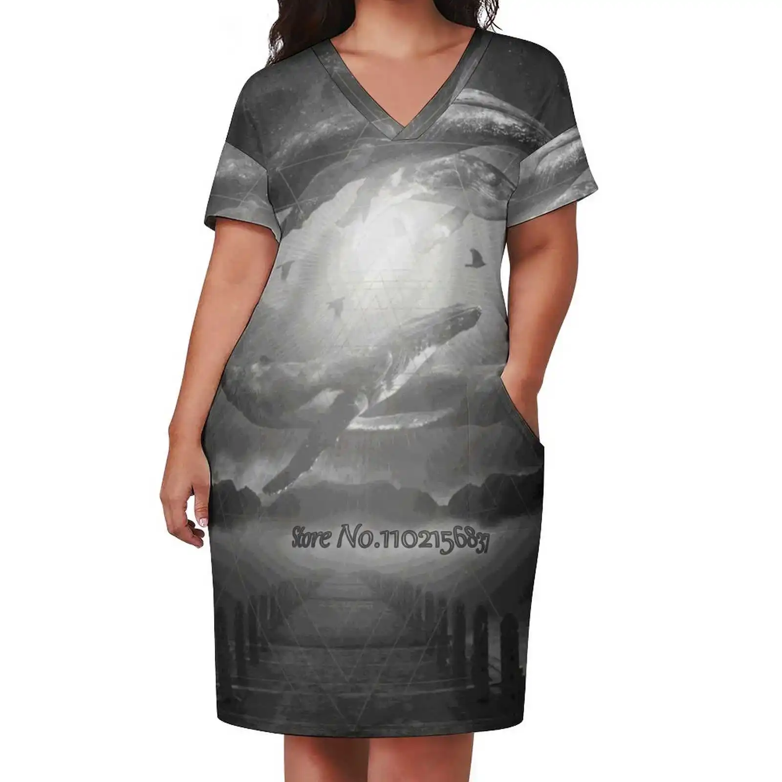 

Space Between Dreams & Reality Ii Sexy V-Neck Dress Fashion Casual Printed High Quality Short Sleeve Skirt 5Xl Whale Animals