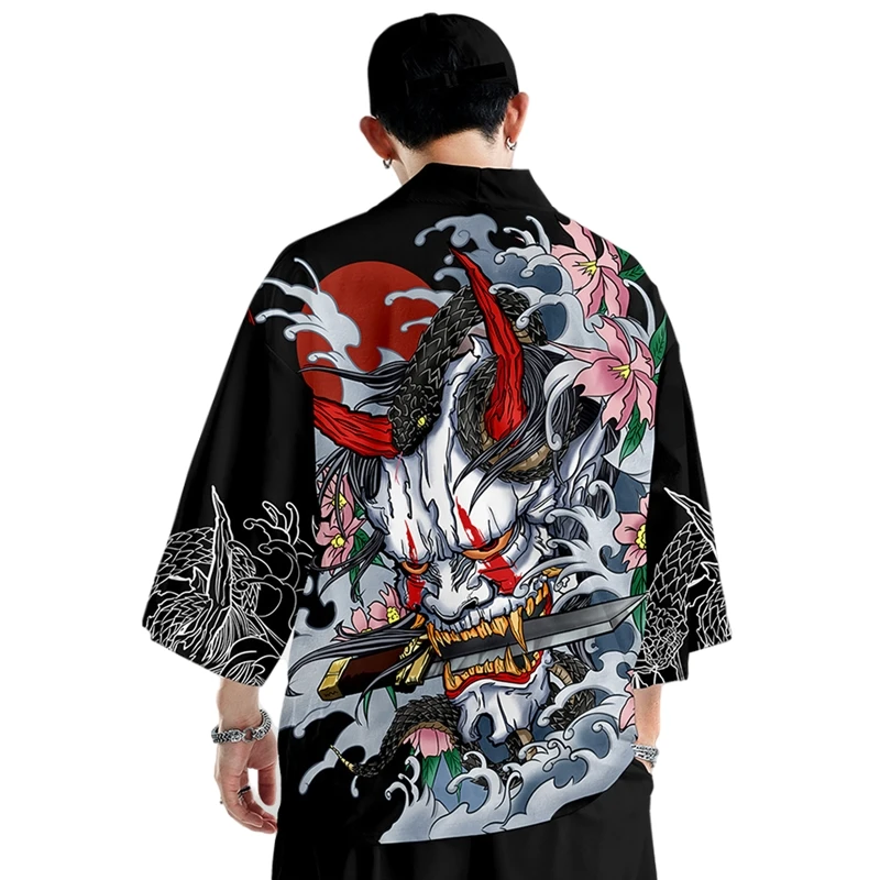 Demon Print Japanese Anime Kimono Asian Clothing - Unique and Striking Fashion Haori Perfect for Cosplay or Dressing Up