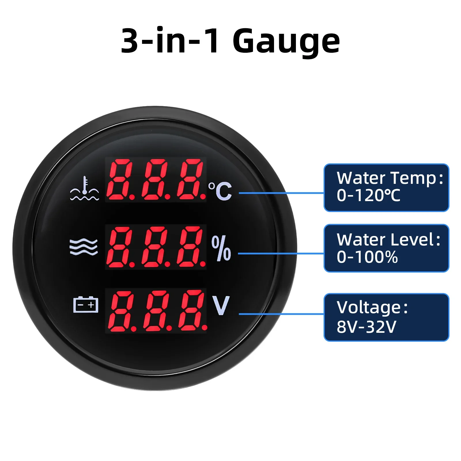 알람 온도 센서가 있는 적색 등 게이지, 수위 게이지, 수온, 전압계, 3 in 1, 자동차 보트, 0-190ohm, 52mm