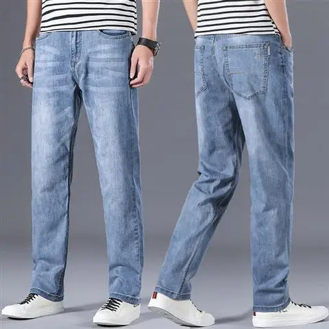 thumbnail image 1 of Pantalones vaqueros para hombre con estilo, clásicos, retro, holgados, de verano, rectos, azules claros, ajustados, con corte de bota cónico, pantalones vaqueros para hombre, 1 of 5