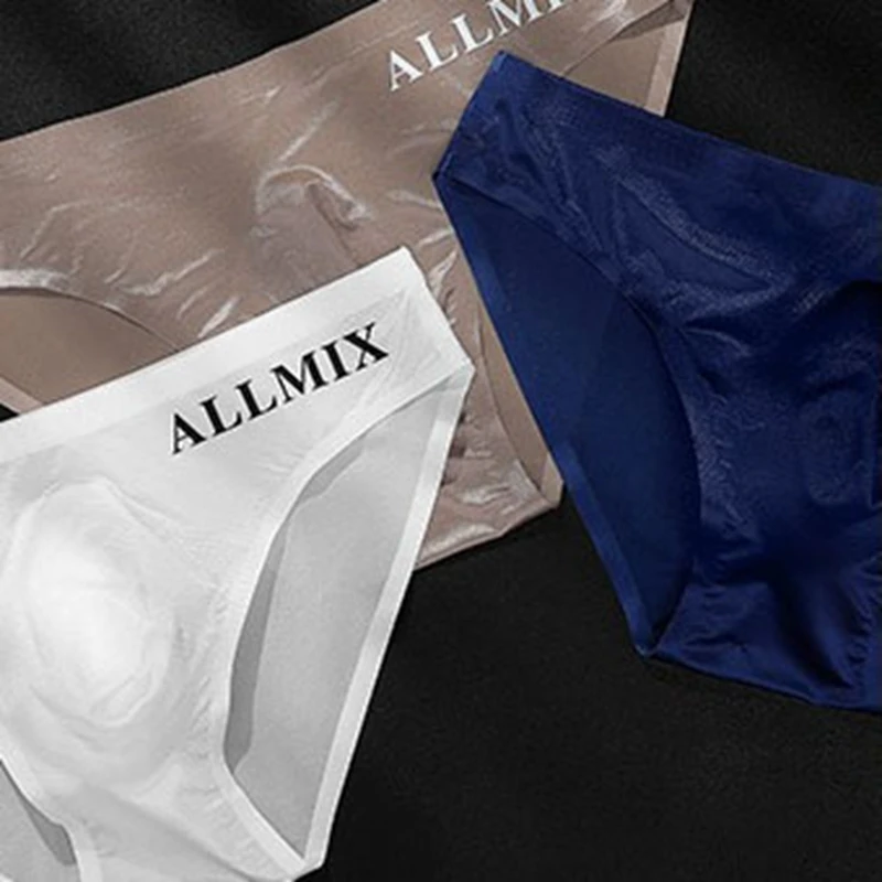 Men's Transparent Thin Ice Silk Letters Briefs Sexy Seamless Underwear Cock Pouch underpants Panties