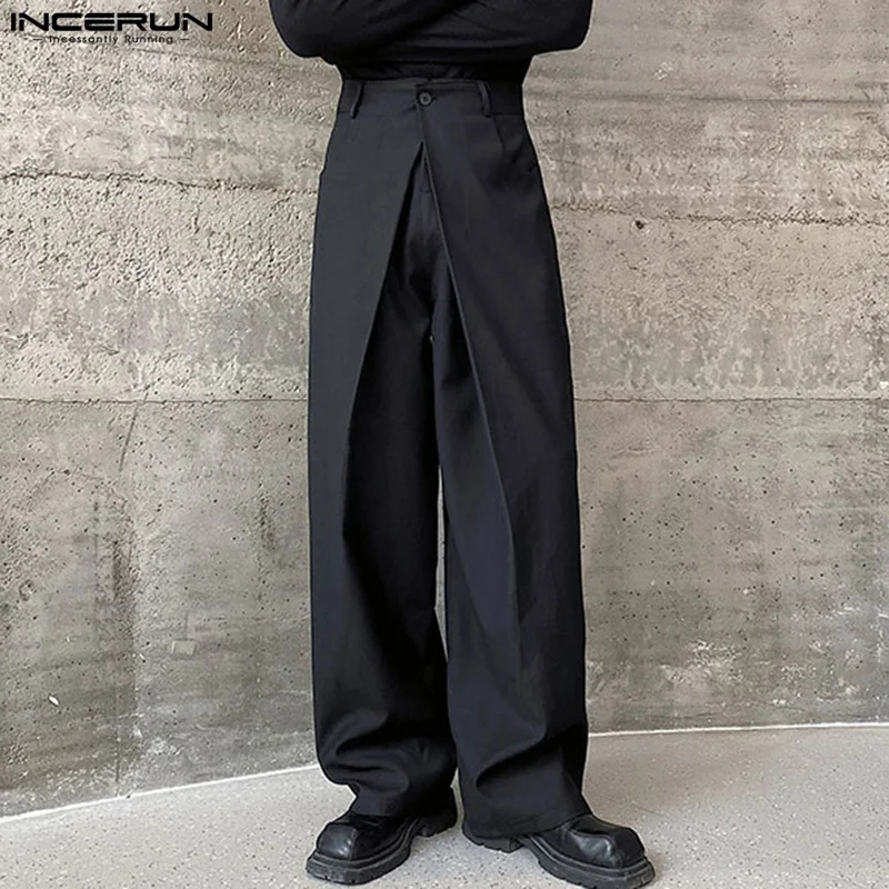 

INCERUN 2024 Korean Style New Men Trousers Pleated Double Waistband Design Pants Casual Streetwear Male Wide Leg Pantalons S-5XL