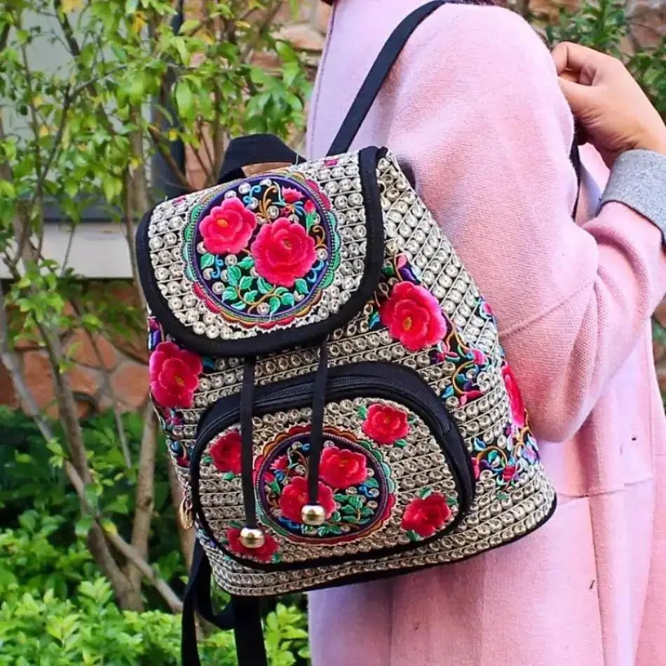 1 Pcs National Embroidery Women Shopping Cover Backpacks!Nice Floral Embroidered Lady Bohemian Backrack Top-sale Canvas Backpack