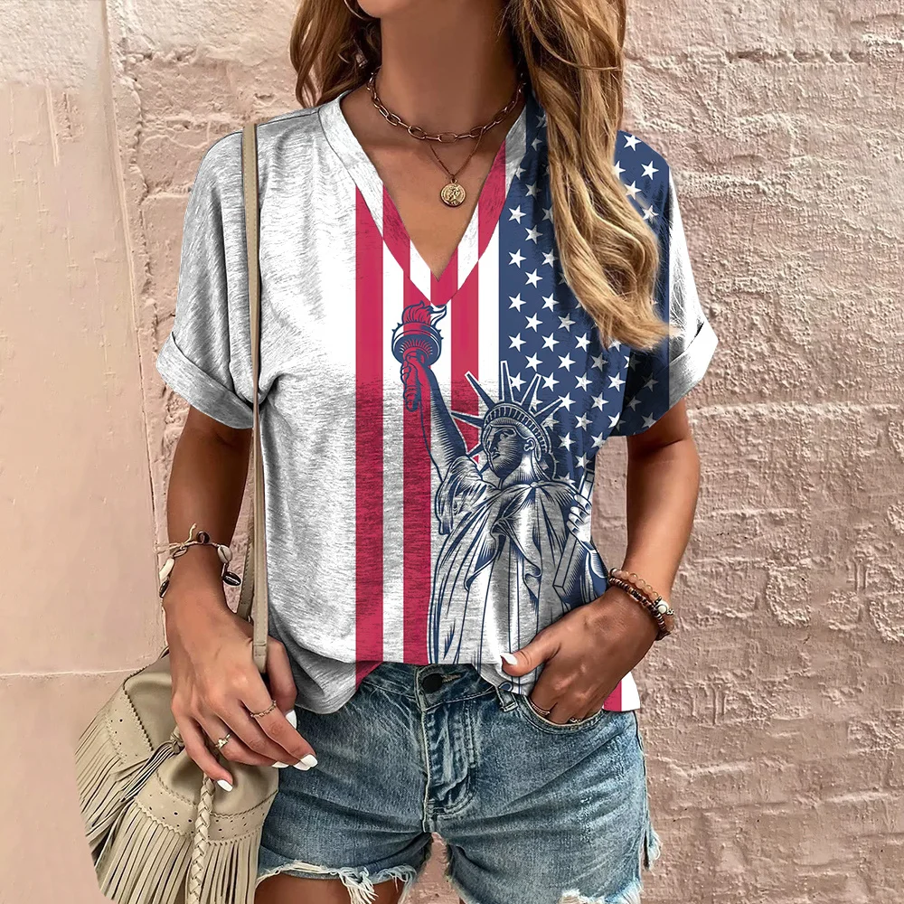 

Women'S V-Neck T-Shirt New American Independence Day Clothing 3d National Flags Print Tops Casual Women Oversized Pullover 2023
