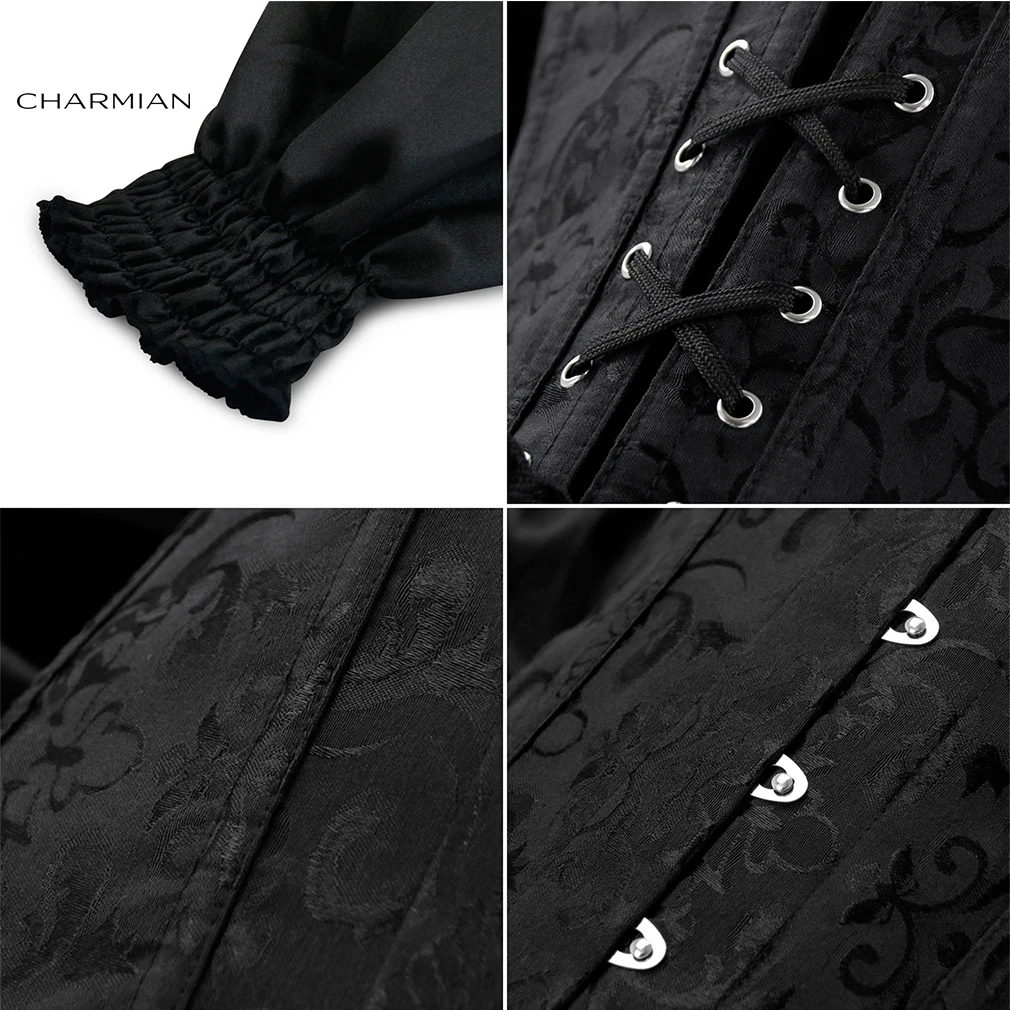 Charmian Sleeves Corset Top Women Renaissance Victorian Steel Boned Brocade Overbust Corset Bustiers Black Steampunk Clothing