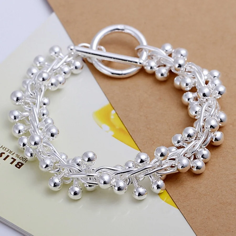 

925 silver Color Bracelets charm solid chain beads fashion beautiful top quality women wedding Jewelry free shipping