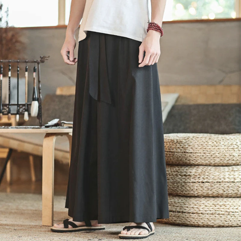 Chinese Style Summer Lightweight Wide Leg Trousers Men Oversized Ics Silk Casual Pants Hip-hop Sports Flared Pants