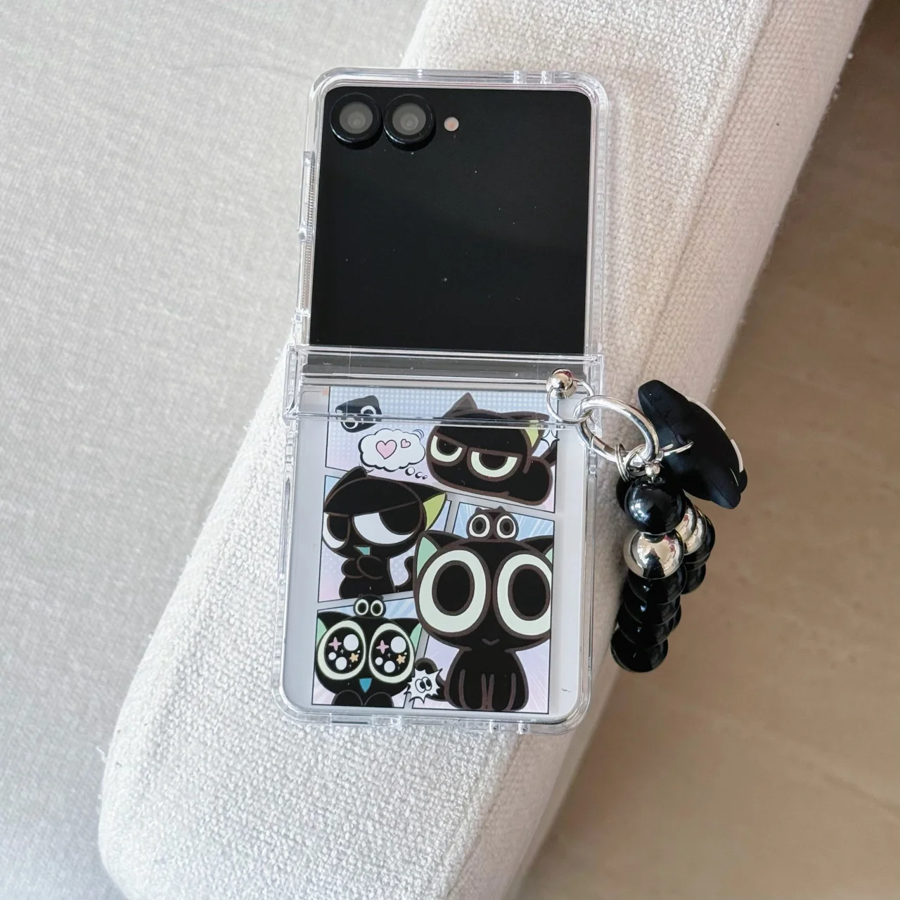 Black Kitten Cartoon Shockproof Phone Case with Rope Strap and Cat Pendant