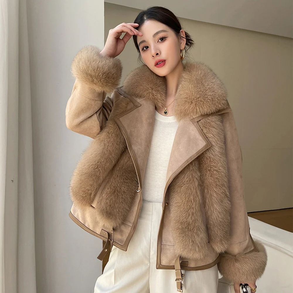

Real New Fur Women Coat Autumn Winter Fashion Goose Down Liner Fox Fur Suede Patchwork Double-faced Fur Jacket Loose Outerwear