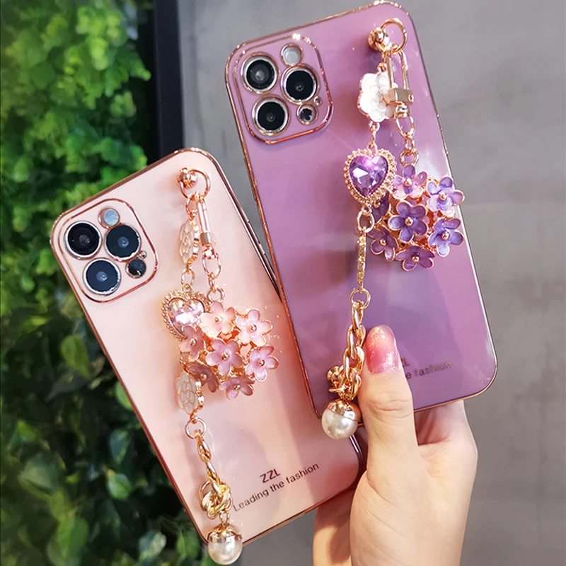Sparkle Jewel Flower Bracelet Necklace Phone Cases for Samsung S23 Ultra S22 S21 FE S20 A72 A52 A32 S10 Plus A53 Soft Covers Coques