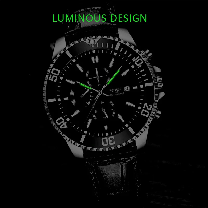 NOTIONR Man Business Leather Watch Luxury Mens Waterproof Quartz Wrist Watch Luminous Clock relogio masculino