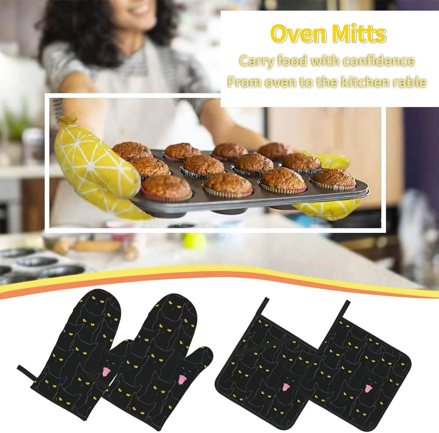 Cute Black Cats Oven Mitts and Pot Holders Sets of 4 Heat Resistant Surface Kitchen Microwave Gloves for Grilling Baking Cooking