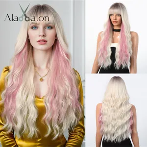 ALAN EATON Blonde Long Wavy Wigs with Pink Highlight Ombre Blonde Wig with Bangs Colorful Party Daily Hair Heat Resistant Fiber