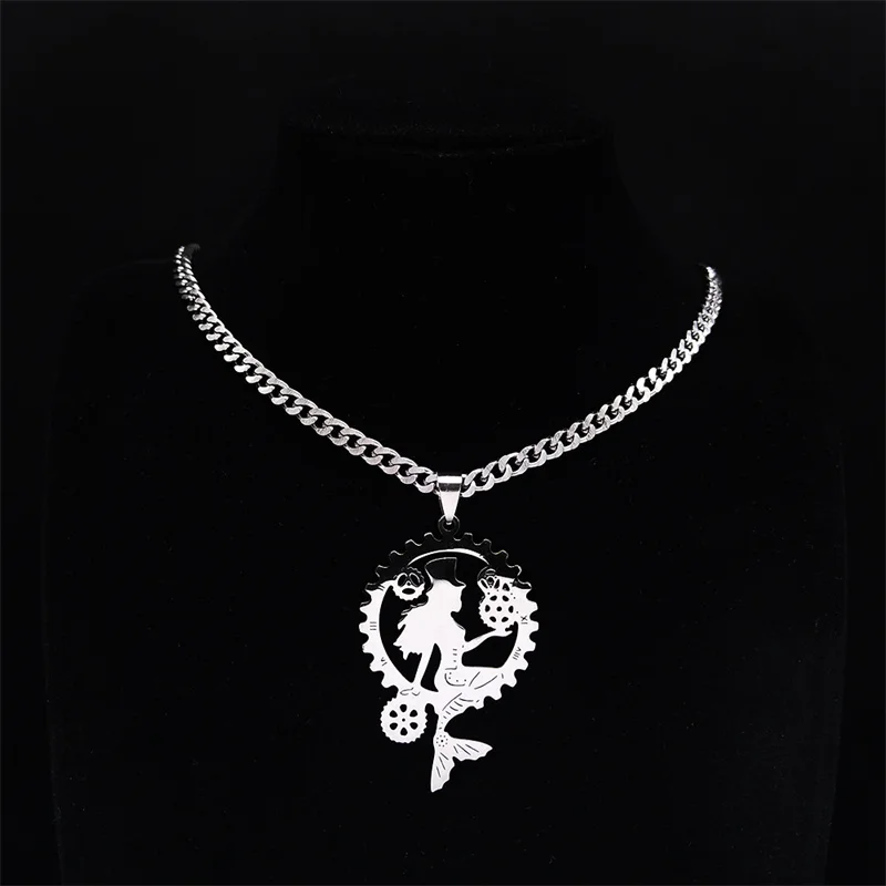Steampunk Getriebe Meerjungfrau Choker Halskette Edelstahl Silber Farbe Ozean Dame Halsketten Schmuck kragen hombre N3375S06 – Detail 9