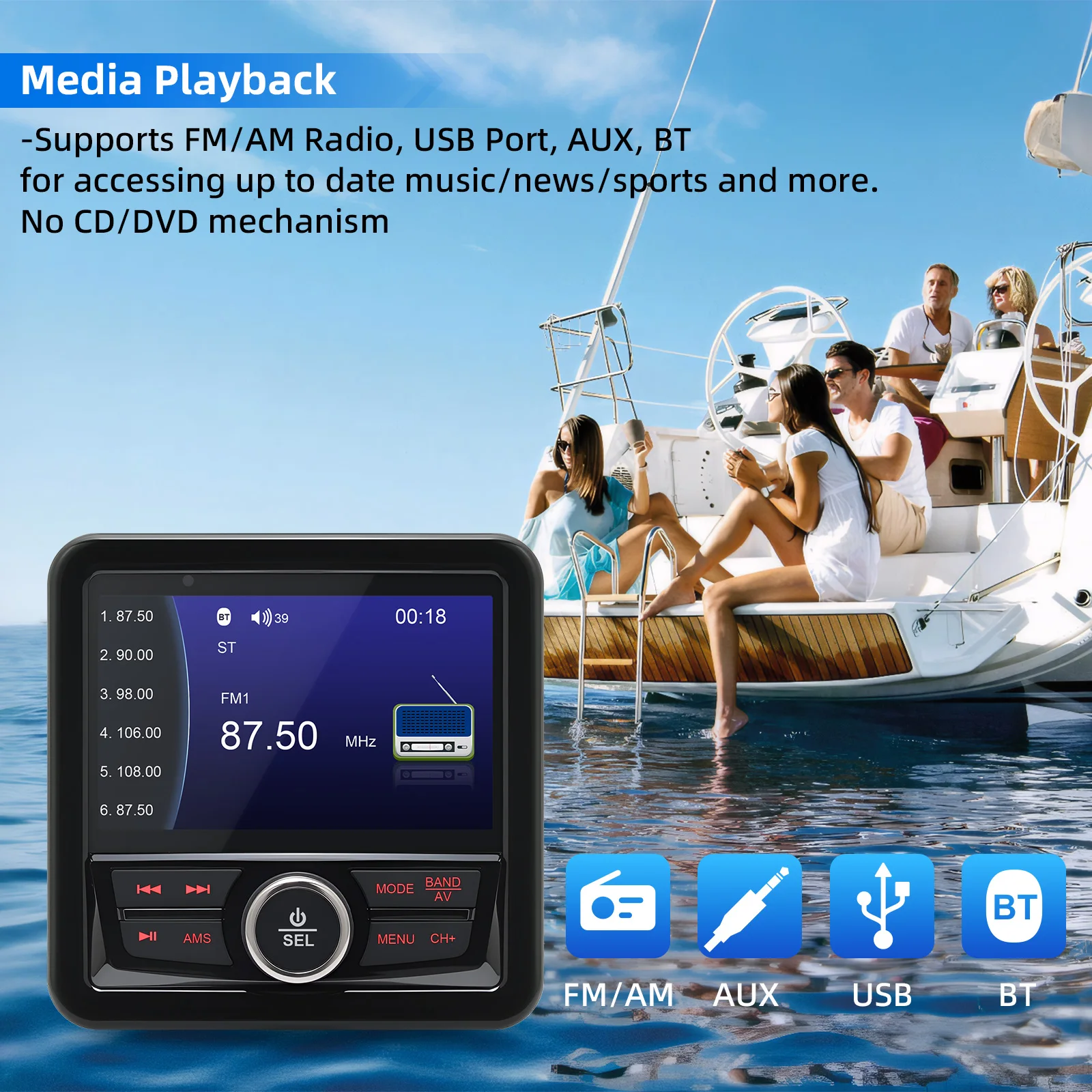 Waterproof Yacht MP3 Player Multifunctional Marine Boat Radio Stereo Bluetooth-c