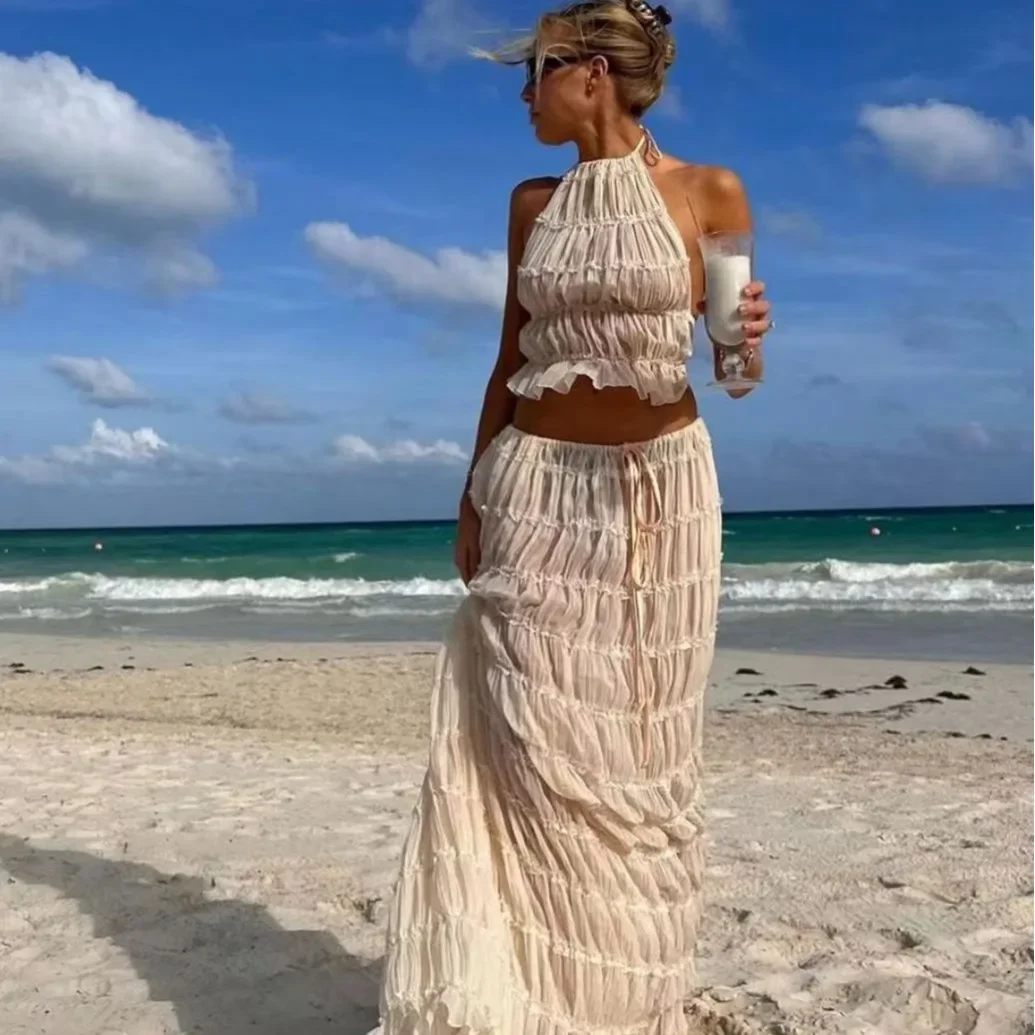Fashion Solid Hang Neck Long Skirt Suit Women Backless Sling Top Lace Up Fold Maxi Skirts Spring Summer Female 2 Piece Set