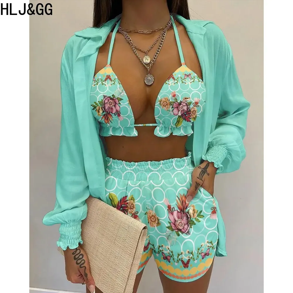 HLJ&GG Fashion Gradient Tie Dye Printing Shorts Sets Women Bra+Long Sleeve Shirt+Shorts 3 Piece Outfits Casual Female Streetwear