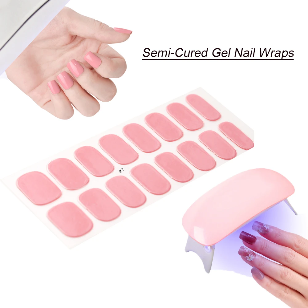 

16Tips/Sheet Jelly Pink Semi-Cured Gel Nail Wraps Sticker Gradient Nude Adhesive Slider Long Lasting Full Cover Nail Art Sticker