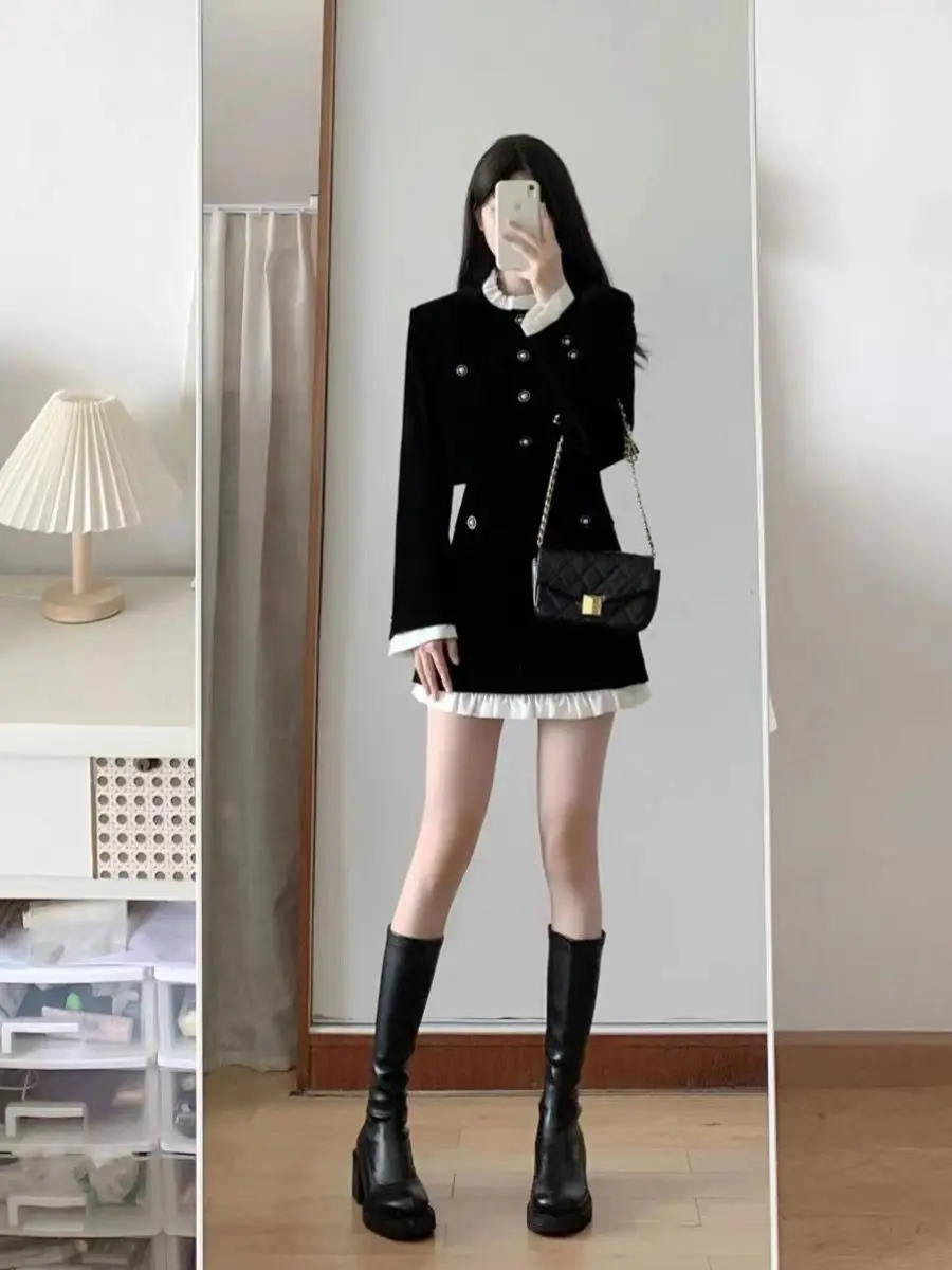 Elegant Black Velvet Two-piece Skirt Sets Long Sleeve Cropped Top Bodycon Mini Skirt Ruffles Korean Fashion Autumn Spring Outfit