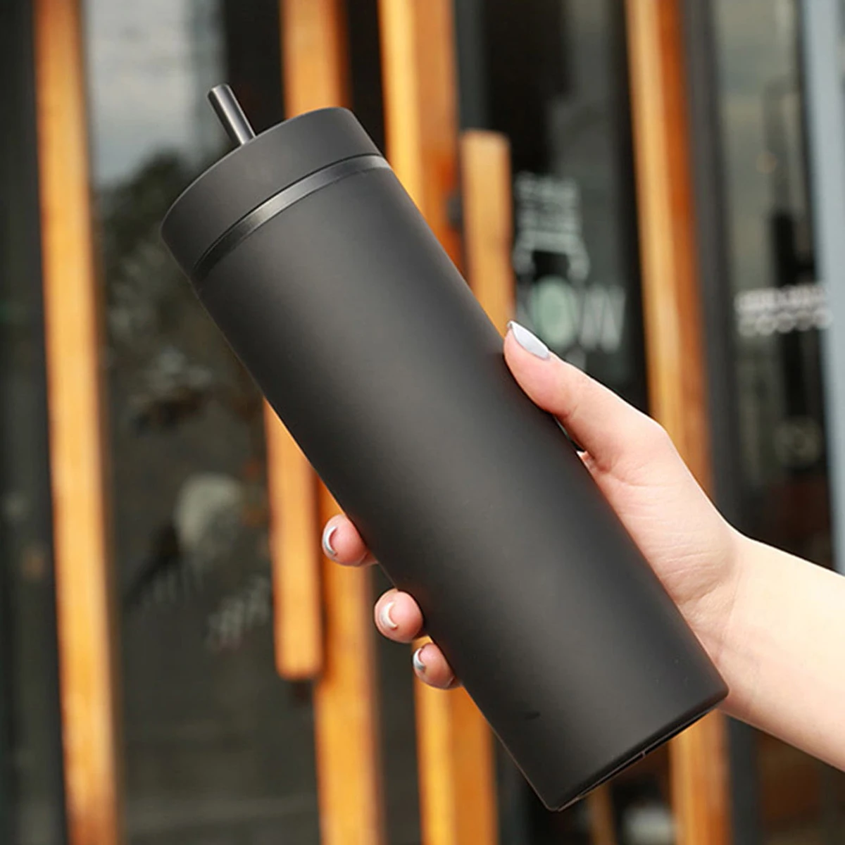 1pc-Double layered plastic cup with high aesthetic value and large capacity, straight tube cold drink, portable cup, straw cup