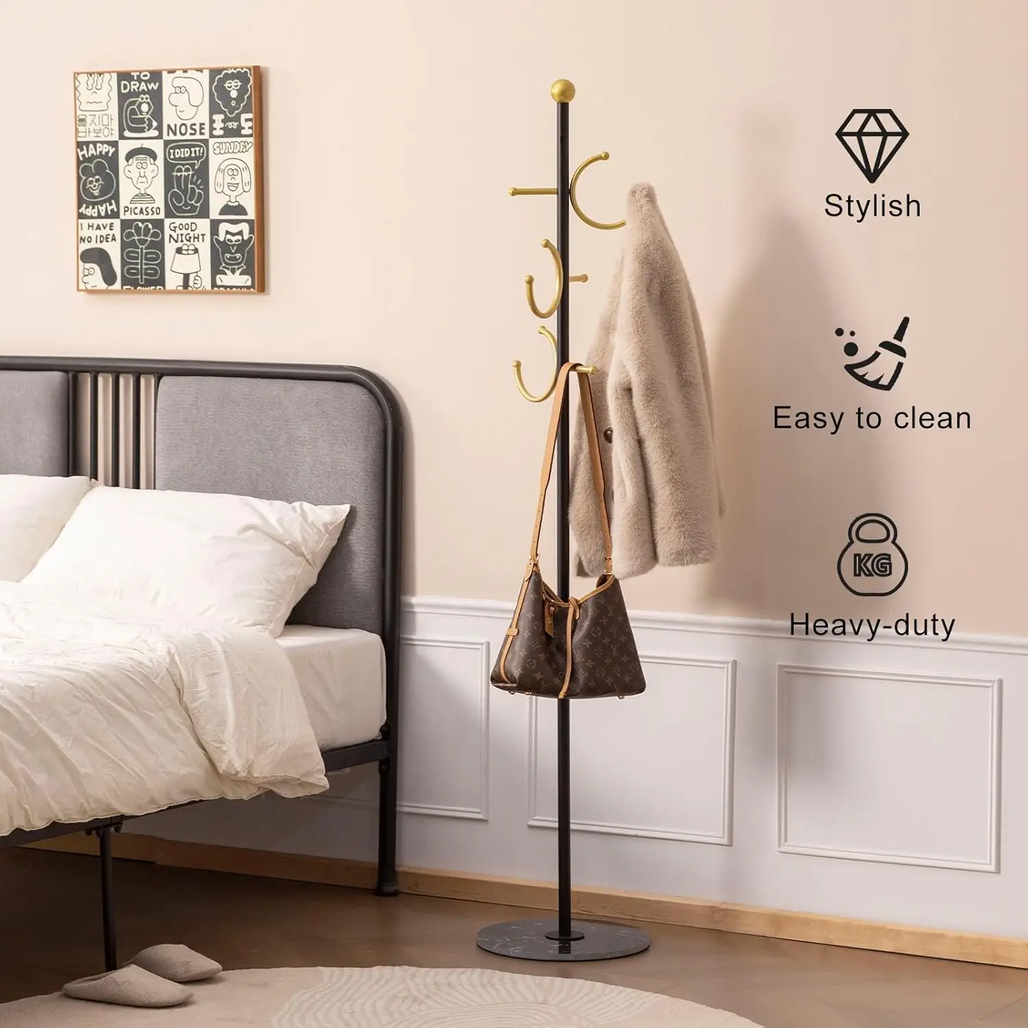 Coat Rack Freestanding Metal Corner Clothing Rack with Round Marble Base 8 Hooks Heavy Duty Coat Tree