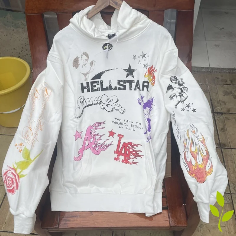 

High Street Hell Hoodies Multi-element Graffiti Print Pullovers White Men's and Women's Casual Crew Neck Pocket Sweatshirts