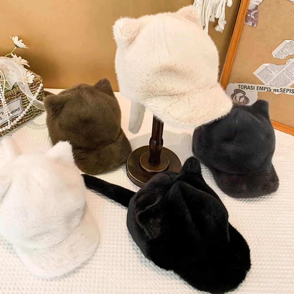 Faux Mink Fur Hats For Women Cute Cat With Tail Baseball Caps Winter Ear Protection Windproof Hat Plush Warm Women's Hats